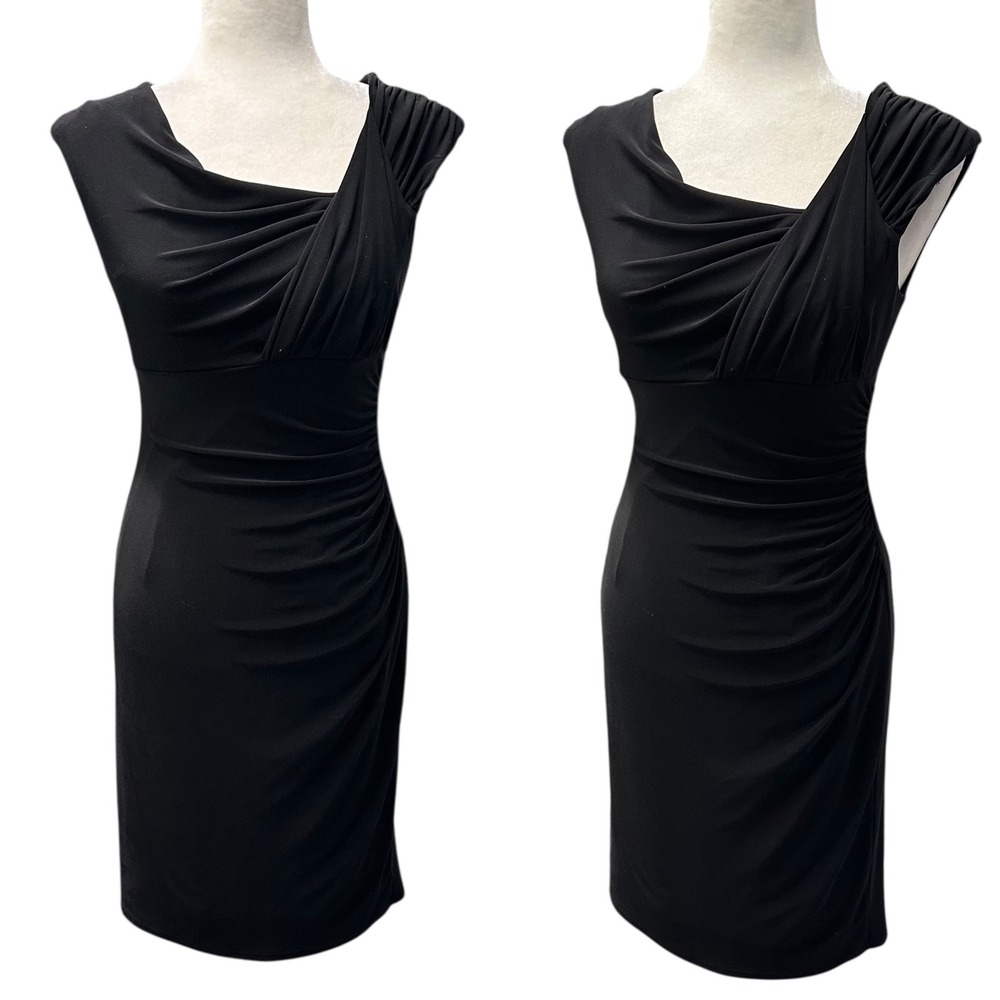 Lauren Ralph Lauren Asymmetrical Neck Dress Ruched Slinky Knit Sz 4‎ Slim Sheath